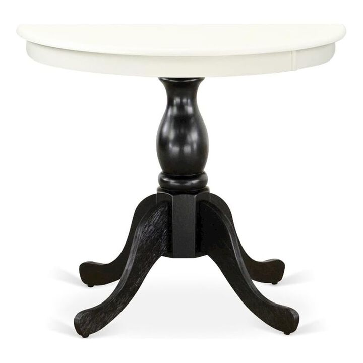 East West Furniture Modern Dining Table - Linen White Table Top and Black Pedestal Leg Finish