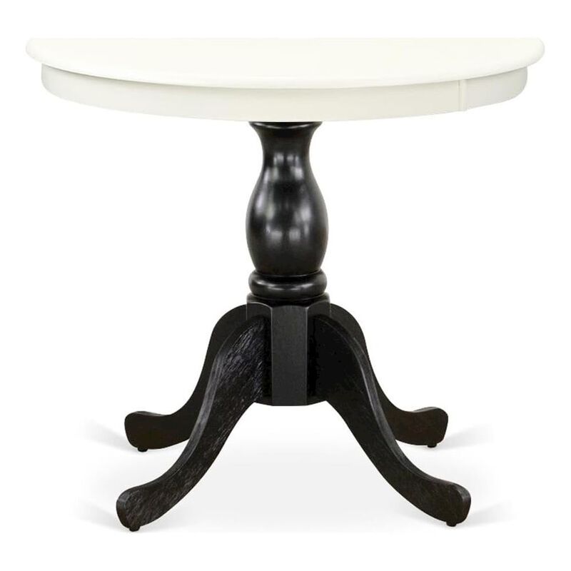 East West Furniture Modern Dining Table - Linen White Table Top and Black Pedestal Leg Finish