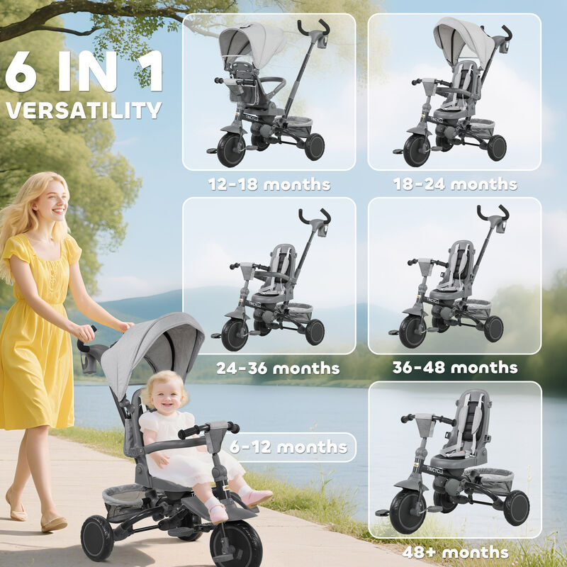 BreeBe 6 in 1 Kids Tricycle with Adjustable Push Handle, Removable Canopy, Reversible Seat image number 3