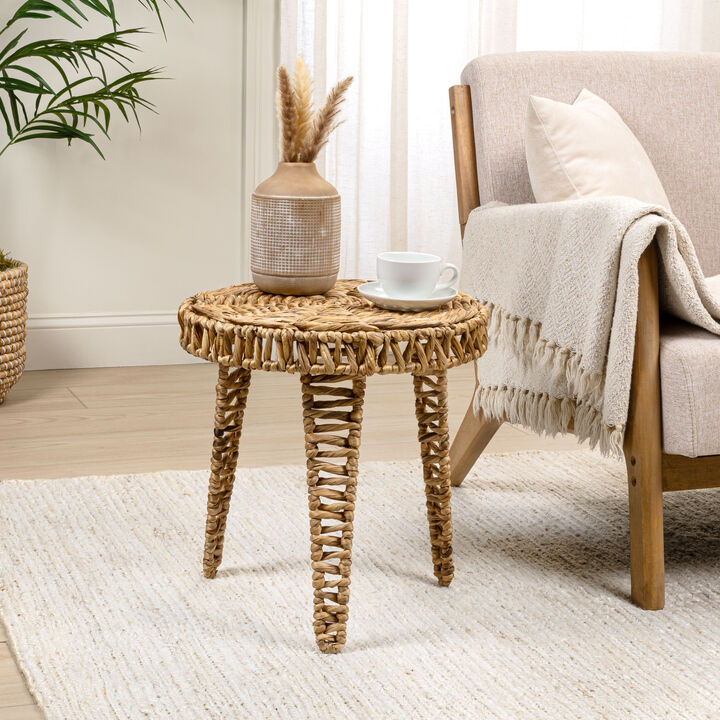 Amara Coastal Bohemian Handwoven Water Hyacinth Round Tripod End Table