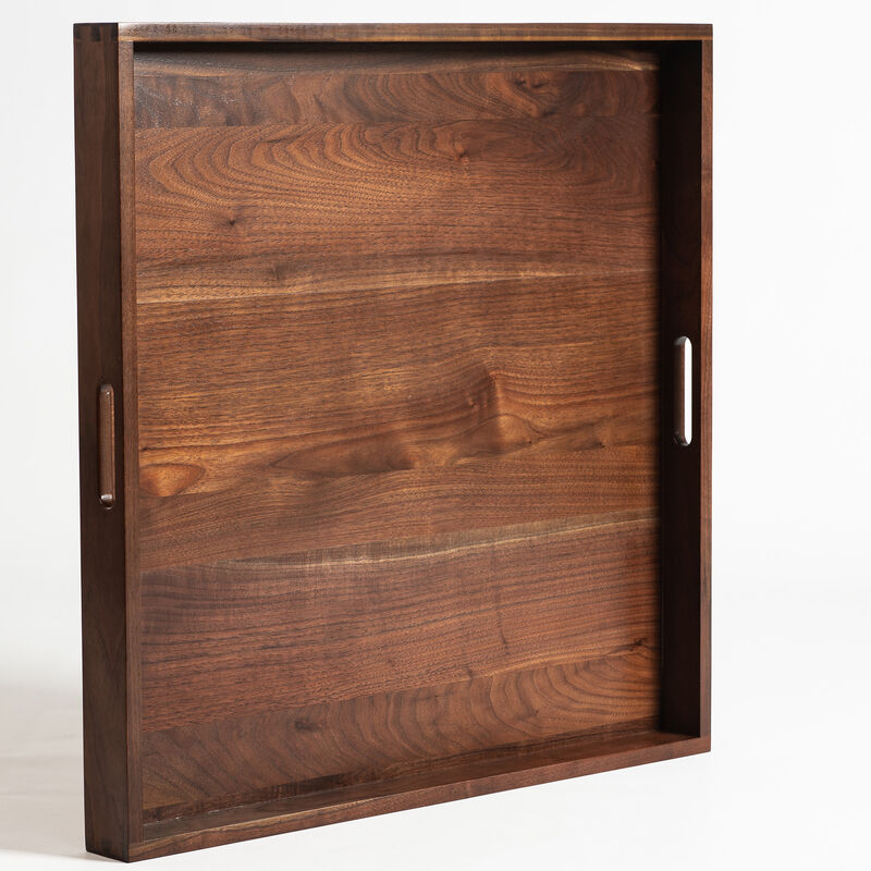 KINWELL Square Black Walnut Wood Serving Tray Ottoman Tray with Handles image number 7