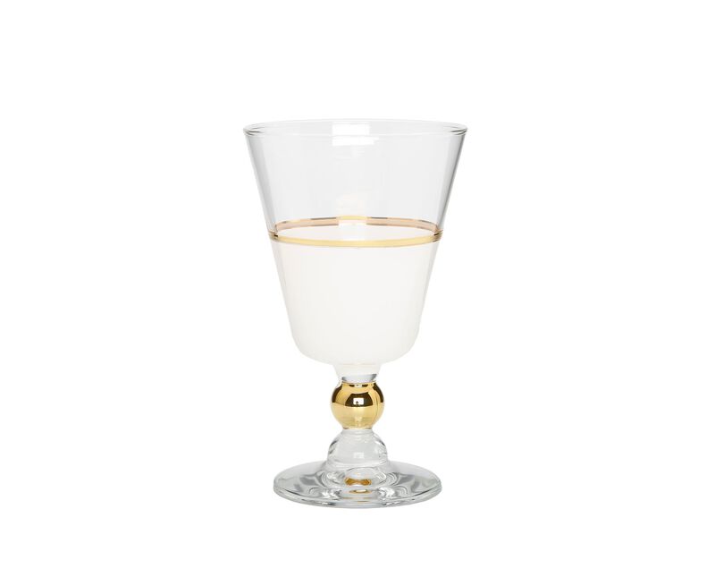 Set of 6 White Water Glasses with Gold Trim and Clear Stem