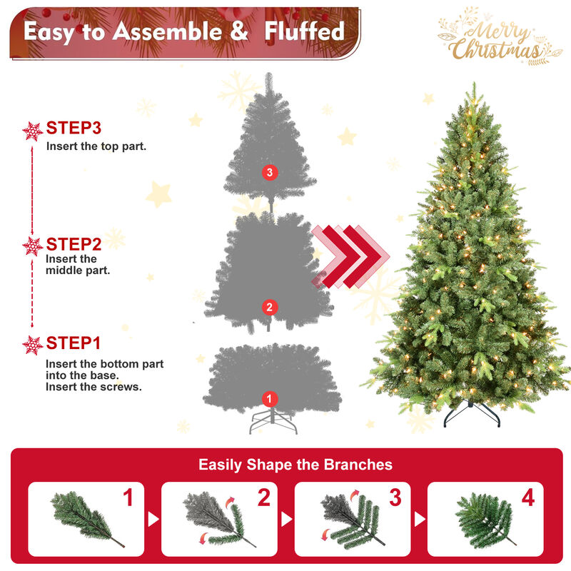 Whisen 4FT Pre-Lit Christmas Tree with 200 UL Warm White Lights &ndash; Classic Green Tree with 636 PE+PVC Tips, Hinged Branches for Easy Setup, Sturdy Metal Stand, Realistic Full Look image number 3