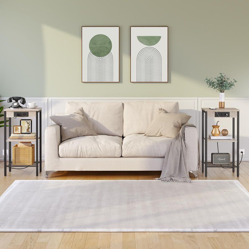 HOOBRO Tall End Table with Charging Station, 29.7 Inch Small Tall Side Table, 3-Tier Telephone Table, Small Entryway Table, High