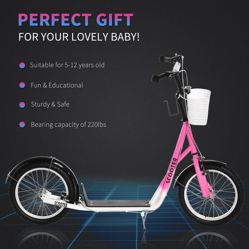 BreeBe Youth Scooter, Kick Scooter with Adjustable Handlebars, Double Brakes, 16" Inflatable Rubber Tires, Basket, Cupholder image number 4