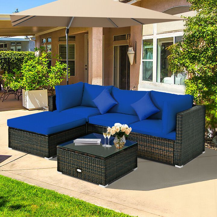 5 Pcs Outdoor Patio Rattan Furniture Set Sectional Conversation with Navy Cushions