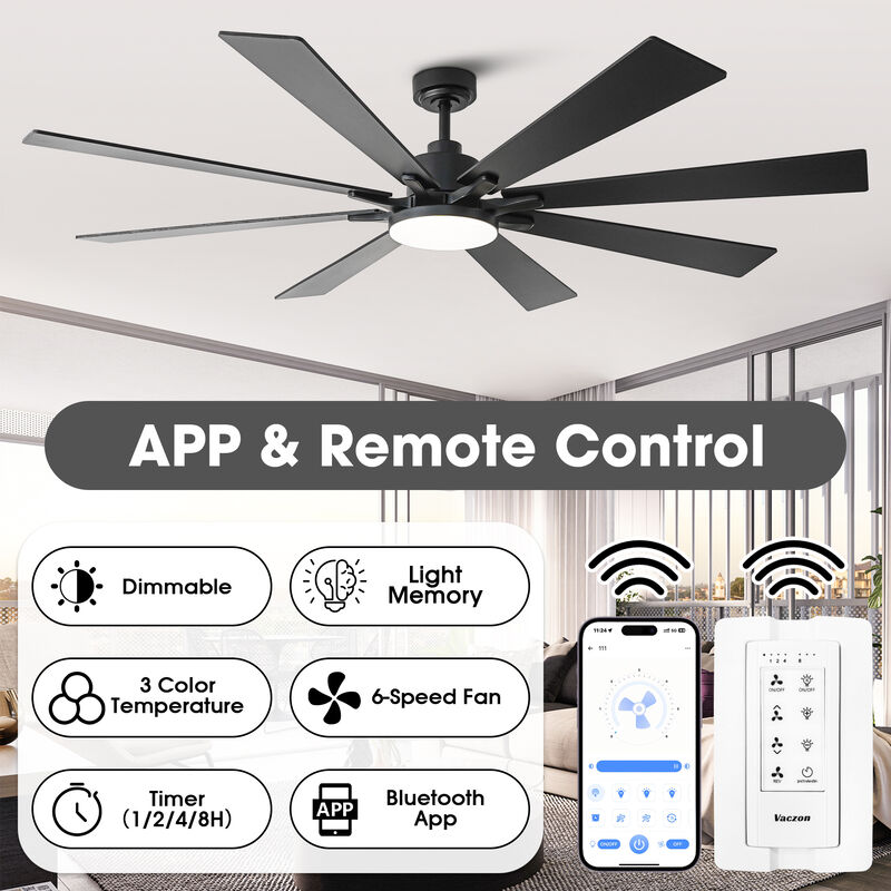 72" Industrial Black Large Smart Ceiling Fan with Light and APP Control