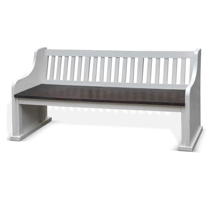 Orso Bench, Slat Back Design, White, Brown Mahogany and Mindi, 64 Inch - Benzara
