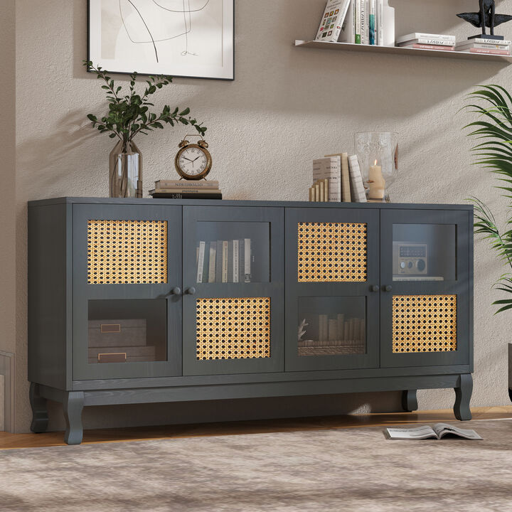 TATEUS Retro 4-Door Sideboard with Artificial Rattan Doors & Transparent Glass for Multi-Room Storage