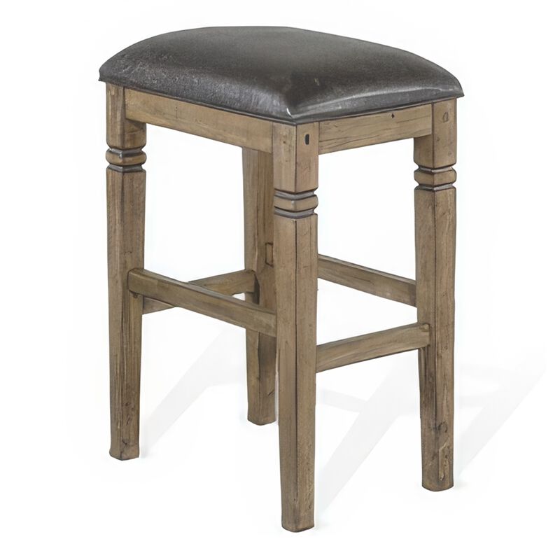 Yael Barstool, Set of 2, Black Faux Leather Cushioned, Taupe MahoganyWood - Benzara