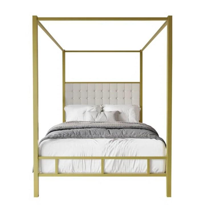 Hivvago King size Gold Metal Canopy Bed with Upholstered Button-Tufted Headboard