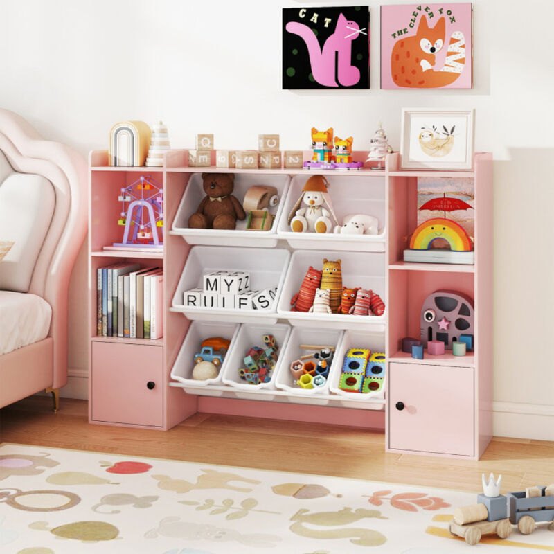 Kids Bookshelf and Toy Organizer with Storage Boxes and Open Shelves image number 4