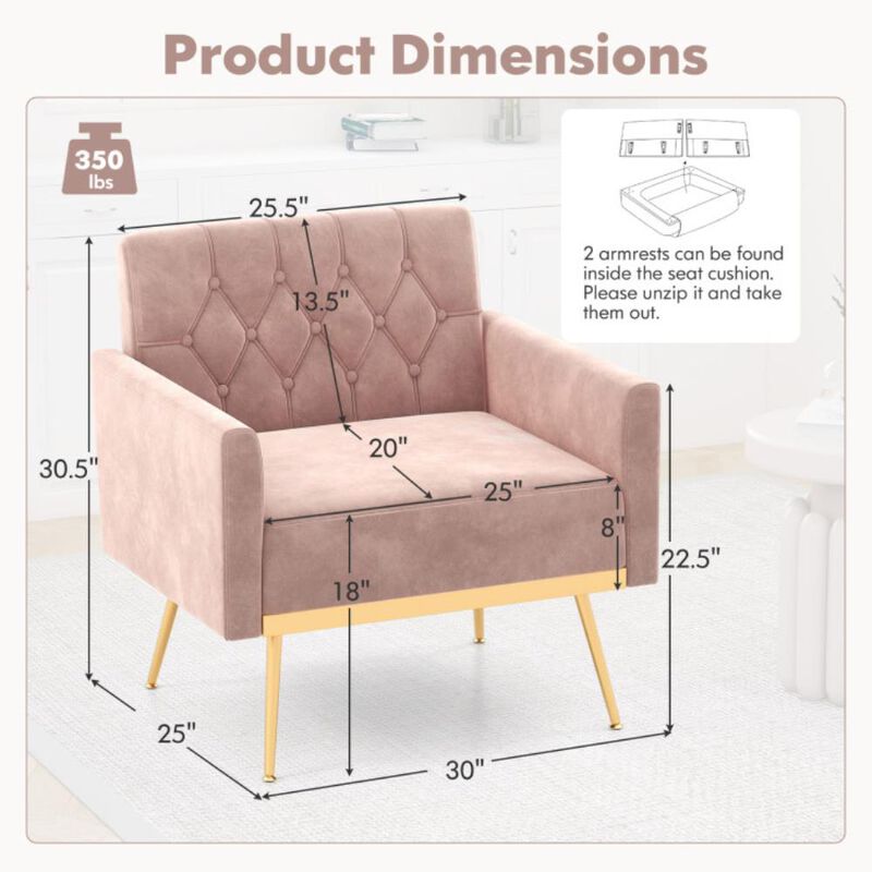 Modern Velvet Accent Chair with Button Tufted Back Golden Metal Legs and Adjustable Foot Pads image number 2
