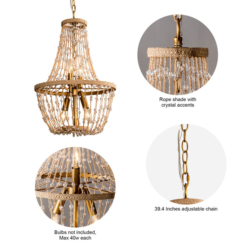 4-Light Farmhouse Handmade Hemp Rope Wood Chandelier