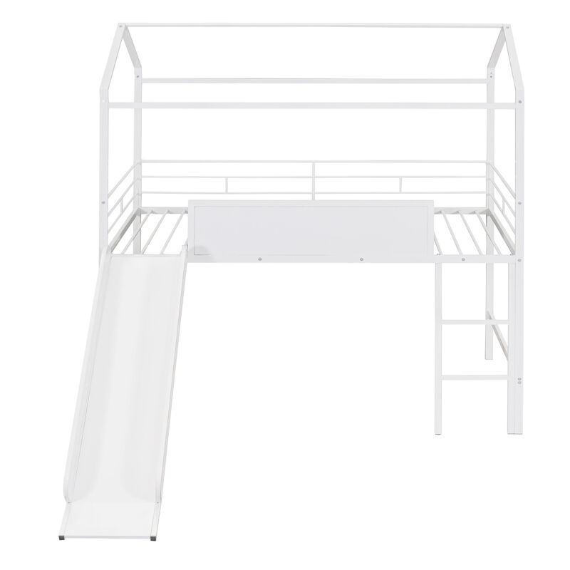 Metal House Bed With Slide, Twin Size Metal Loft Bed with Two-sided writable Wooden Board (White )