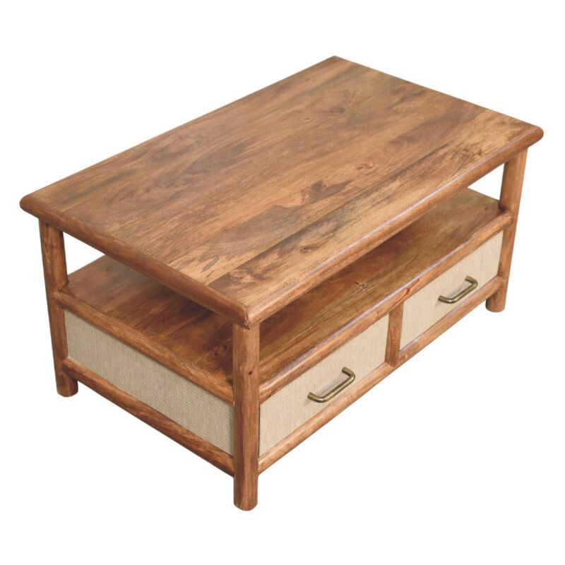 Artisan Furniture Solid Wood Solara Rattan Coffee Table, 2 Drawers, and Shelf, Gray and Brown image number 4