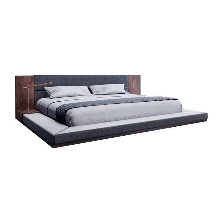 Noe Zen Japanese Low Profile Queen Bed w Nightstand, Dark Gray, Walnut