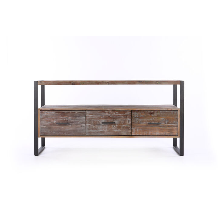 60 inch Reclaimed wood Media TV Console table with 3 Drawer, Open Shelf, finish