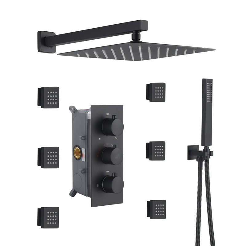 Mondawe 3 Functions Wall Mounted Thermostatic Shower System with 6 Body Jets and Rough-in Valve in Matte Black