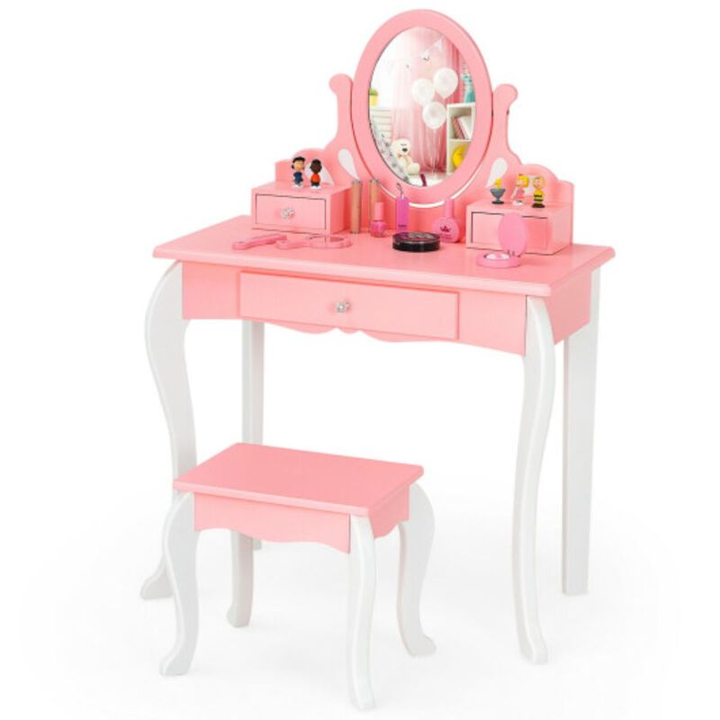 Kids Vanity Princess Makeup Dressing Table Stool Set with Mirror and Drawer-Pink image number 1