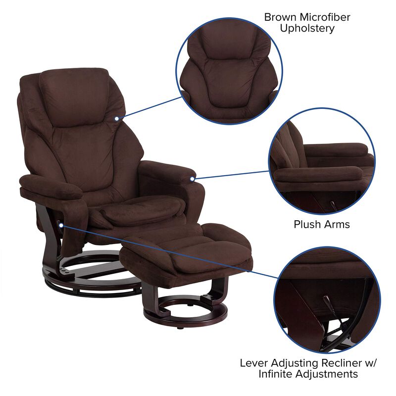Flash Furniture Austin Contemporary Multi-Position Recliner and Ottoman with Swivel Mahogany Wood Base in Brown Microfiber