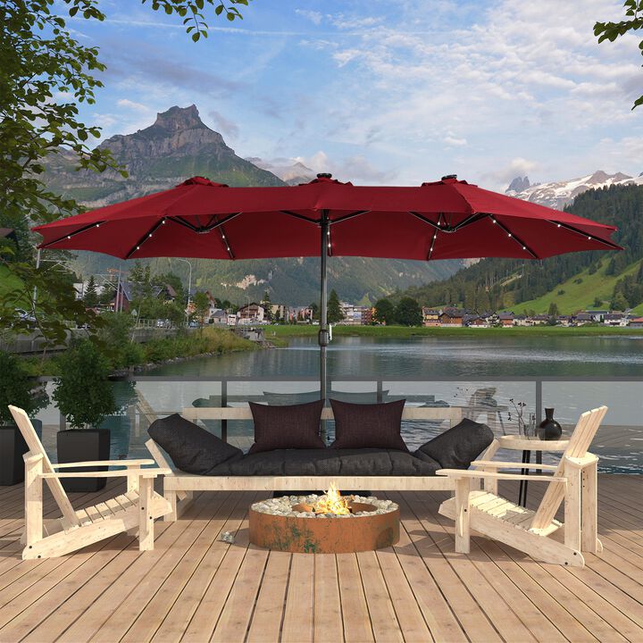 15 FT Patio Umbrella with Base Included Outdoor Patio Umbrella with Solar Lights Large Outdoor Double-sided Umbrella Market Table Umbrella Outdoor Umbrellas for Patio, Beige