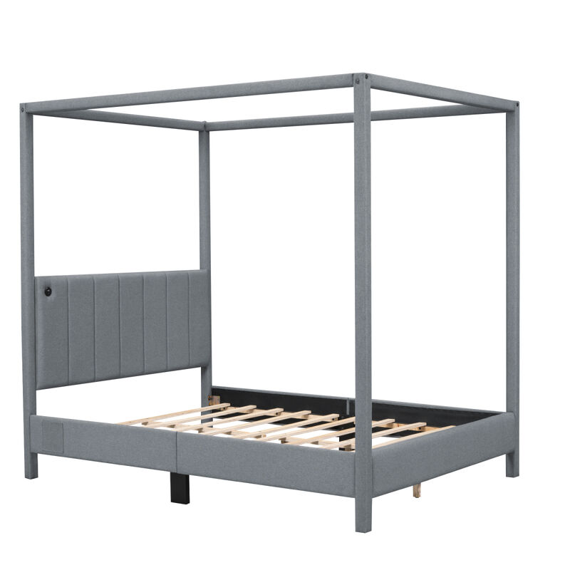 Queen Size Canopy Platform Bed with USB and Type C Ports, Canvas, Gray