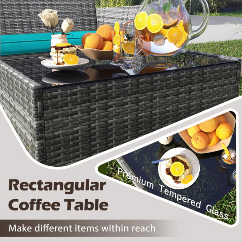 Hivvago 4 Pieces Patio Rattan Conversation Set with Tempered Glass Coffee Table-Red
