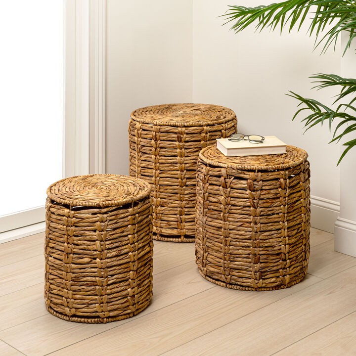 Zaria Coastal Bohemian Handwoven Water Hyacinth Nesting Round Accent Table (Set of 3)