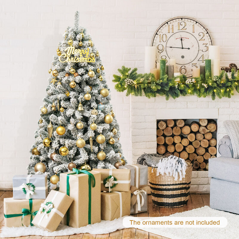 Artificial Snow Decorated Flocked Hinged Christmas Tree with Metal Stand