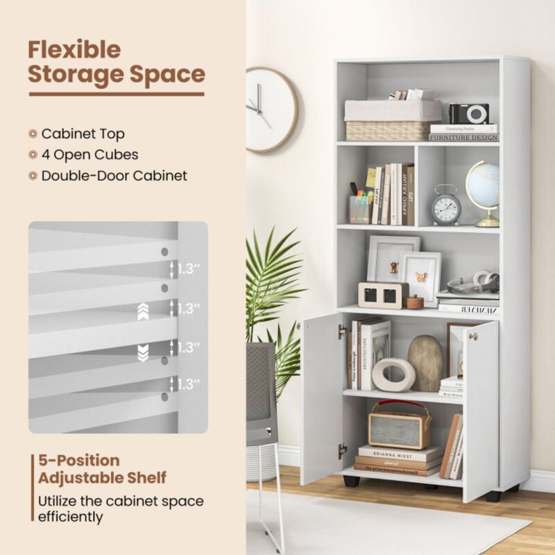 Hivvago 66 Inch Tall Double-Door Bookcase with Adjustable Shelf and Storage Cubes