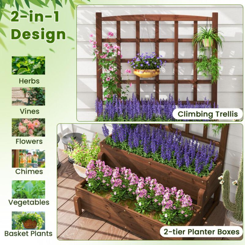 Hivvago Raised Garden Bed with Trellis 2-tier Wood Planter Box with Drainage Holes