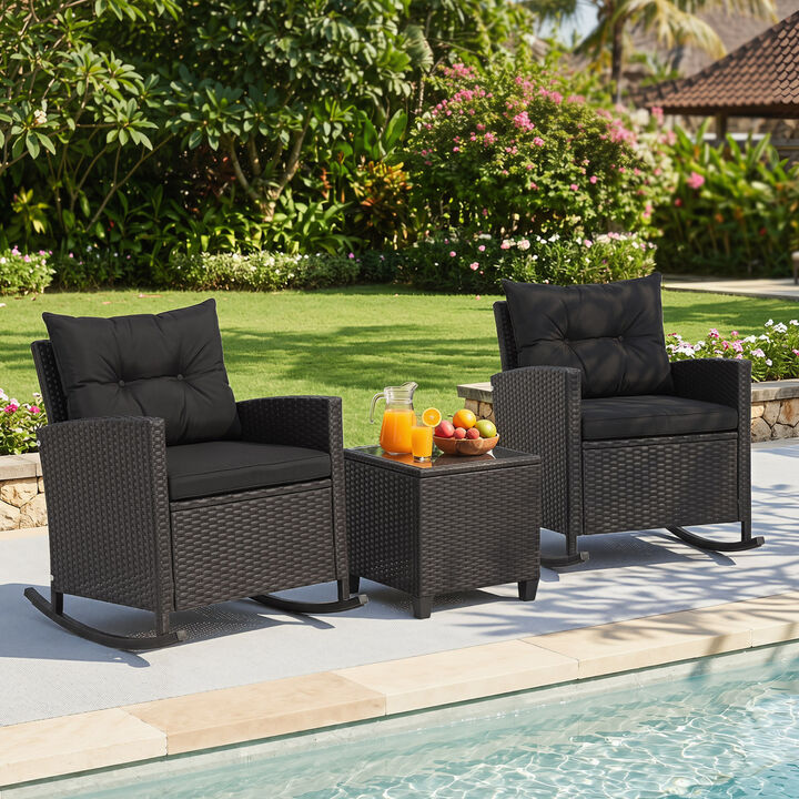 3-Piece Outdoor Rattan Rocking Bistro Set with Cushions and Glass Table