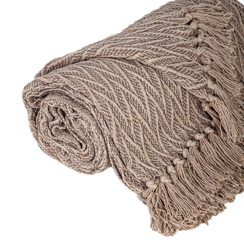 HomeRoots 52" X 67" Brown Woven Cotton Chevron Throw Blanket with Fringe image number 2