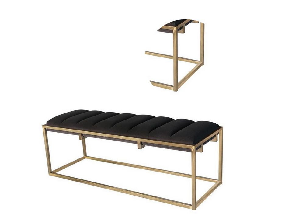 Metal Bench with Deep Vertical Channeling, Gold and Black - Benzara