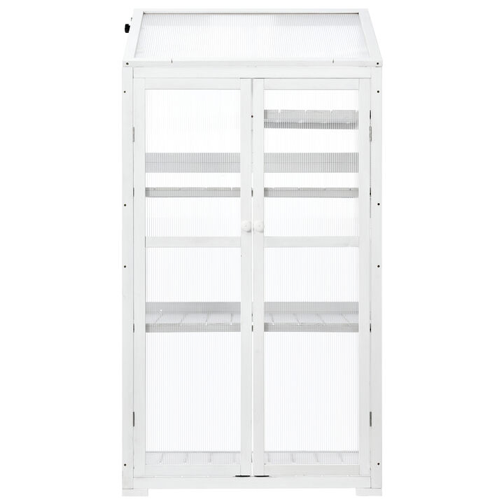 Whisen 62" Garden sheds, Greenhouse, Wood & Polycarbonate with 4 Wheels & 3-Tier Shelves, Indoor Outdoor Garden Use