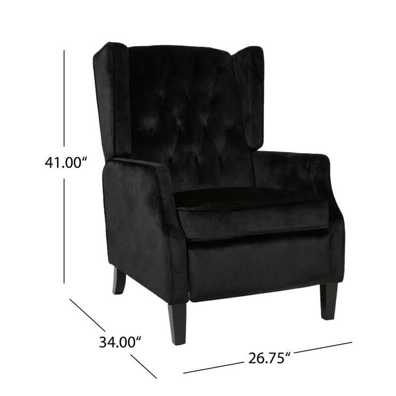 Octa Manual Recliner Chair, Button Tufted Wingback Design Black Velvet - Benzara