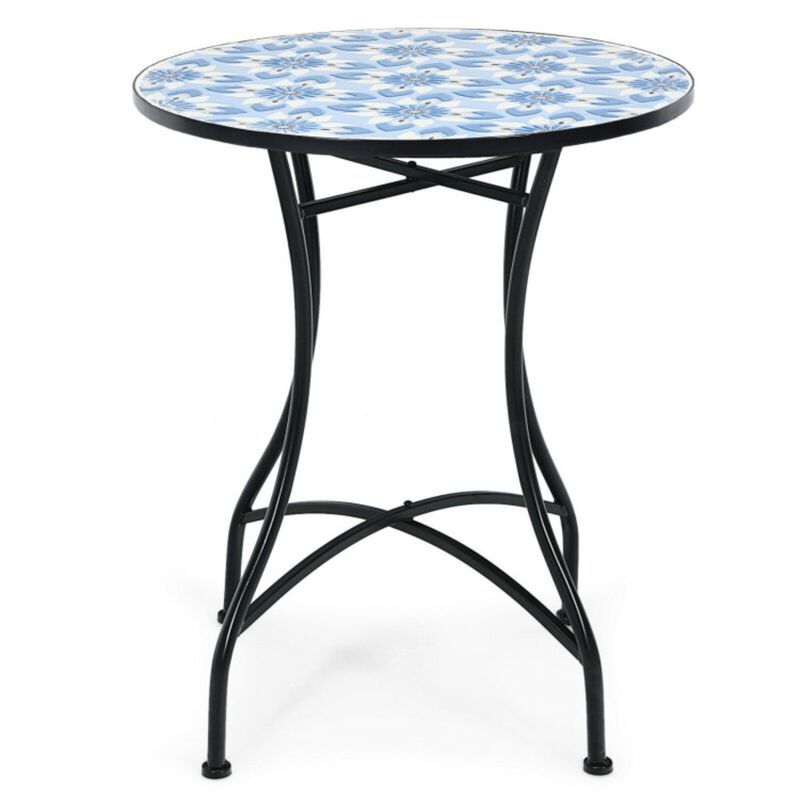 28 Inch Patio Mosaic Bistro Round Table with Blue Floral Pattern