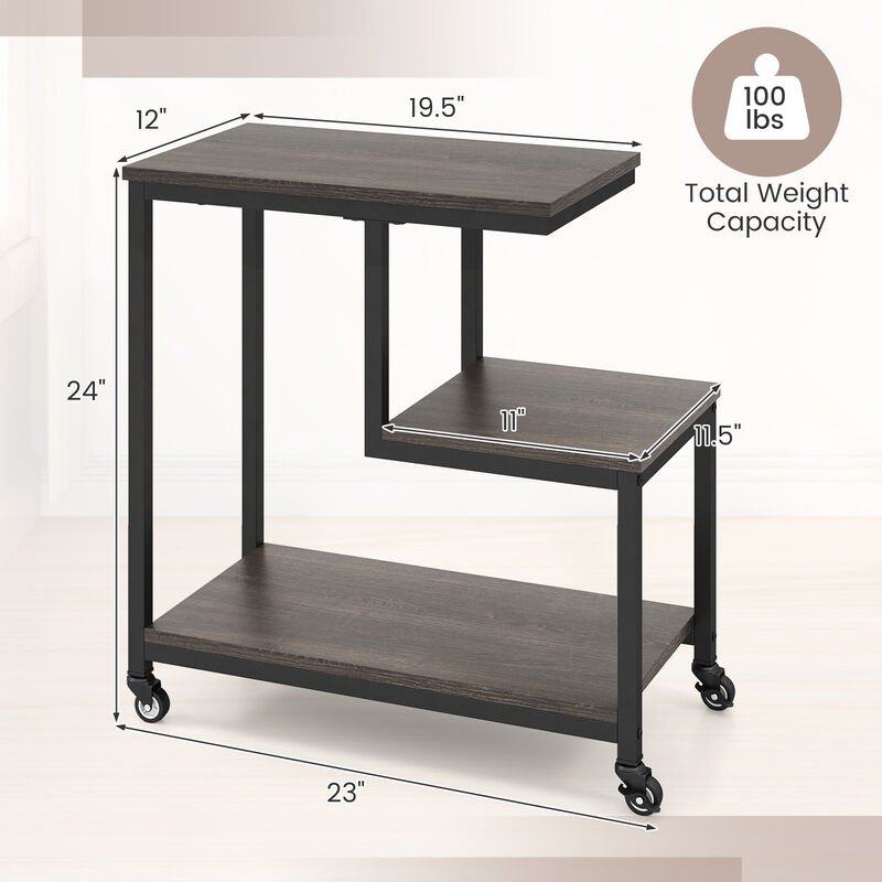 3-Tier Rolling Side Table with G-Shaped Frame and Open Display Shelves