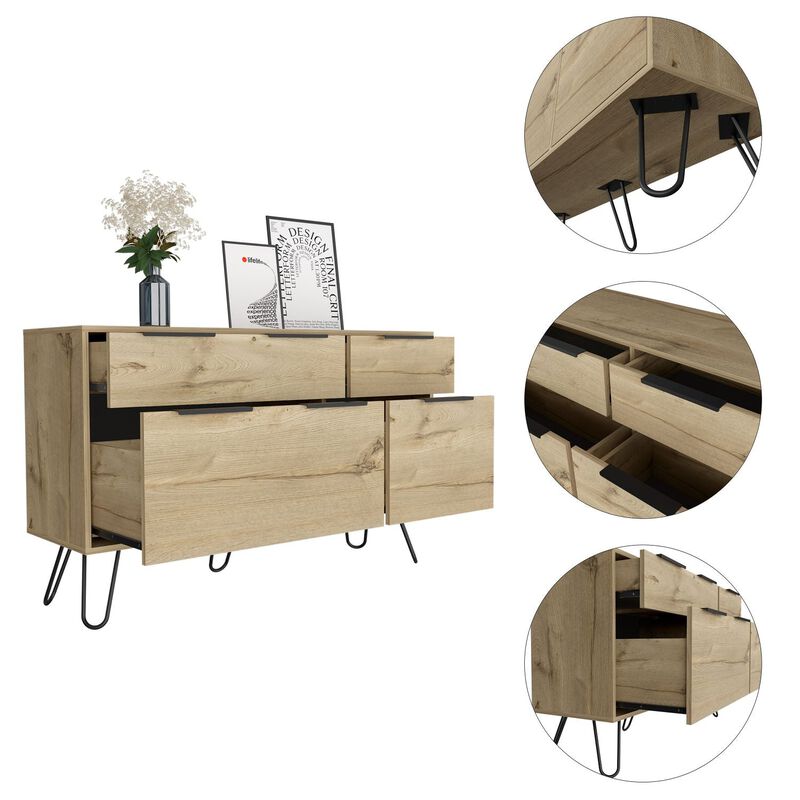 DEPOT E-SHOP Begonia Double Dresser, Four Drawers, Superior Top, Hairpin Legs, Light Oak