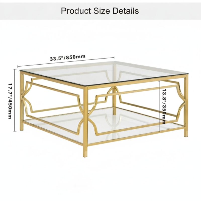 GOODSILO 33.5 Inch Square Tempered Glass Coffee Table with Geometric Metal Frame, Lower Storage Shelf for Modern Living Space Use image number 1
