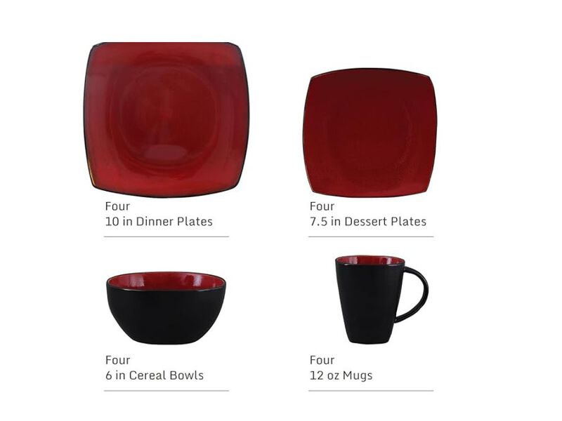 16-Piece Square Dinnerware Set &ndash; Red Reactive Glaze, Service for 4