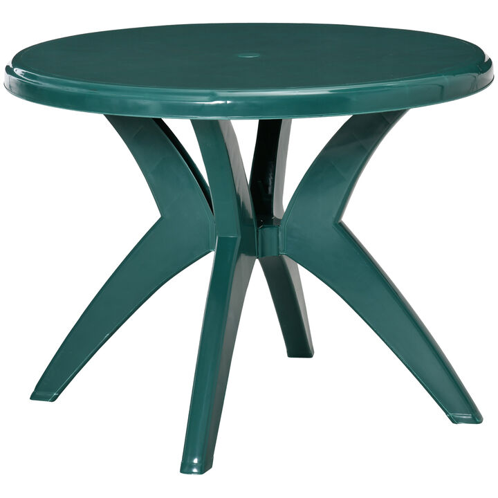 Outsunny 36.25" Dia Round Plastic Patio Table with Umbrella Hole, Outdoor Bistro Dining Table, for Bar, Garden, Backyard, Poolside, Yard, Green