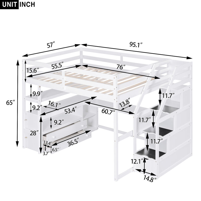 Multi-functional Loft Bed with Desk, Shelves, Storage Staircase, and Two Drawers
