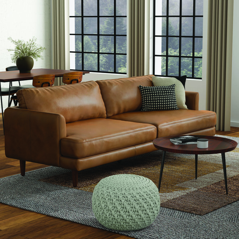 Livingston 90 inch Wide Mid-Century Modern Sofa in Caramel Brown Top Grain Genuine Leather image number 4