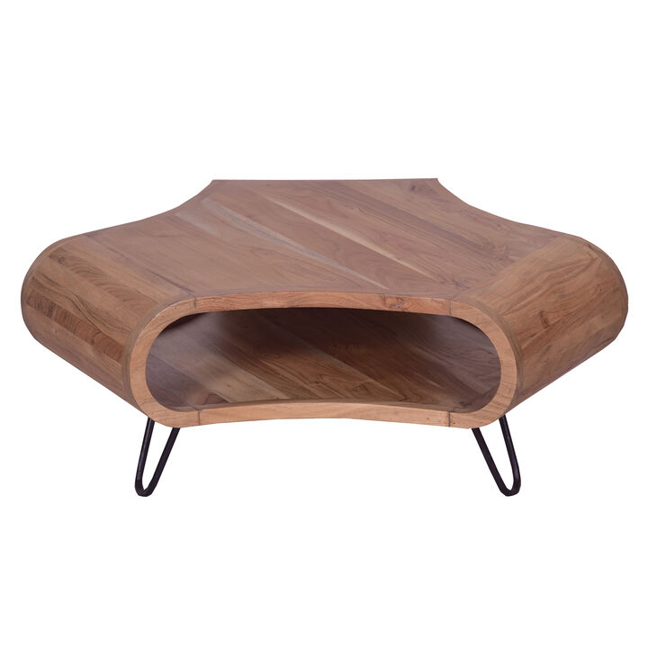 37 Inch Coffee Table, Handcrafted Curved Hexagon Shape with Open Shelf, Natural Brown Acacia Wood, Iron Legs