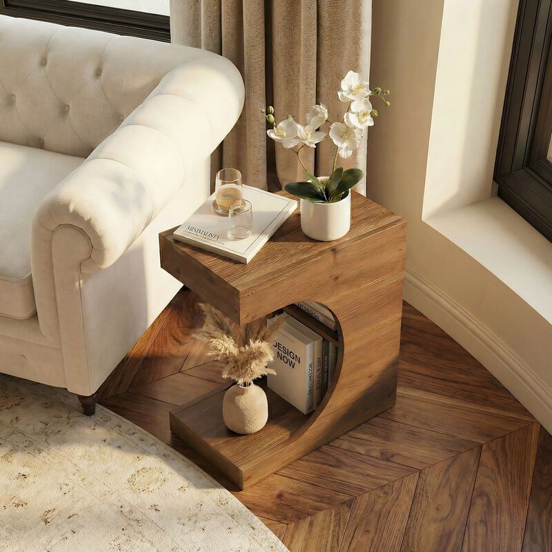 Modern C-Shaped Solid Wood Side Table with 2-Tier Storage, Nightstand image number 6