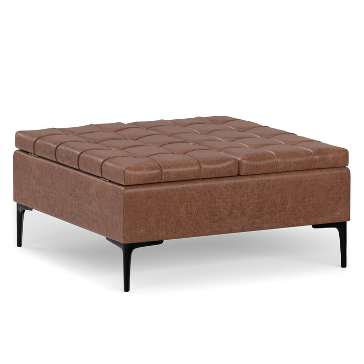 Laura 36 inch Wide Mid Century Square Mid&nbsp;Century&nbsp;Lift Top&nbsp;Storage Ottoman in Distressed Saddle Brown  Vegan Faux Leather, Assembled