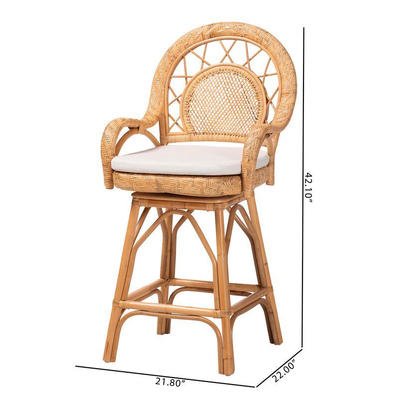 bali & pari Adam Natural Rattan Counter Stool with Cushion - Handwoven Wicker Swivel Bar Chair for Kitchen Island or Lounge Area
