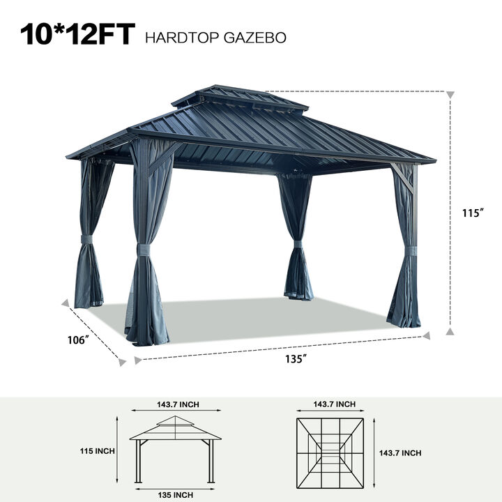 10x12ft Gazebo Double Roof Canopy with Netting and Curtains, Outdoor Gazebo 2Tier Hardtop Galvanized Iron Aluminum Frame Garden Tent for Patio, Backyard, Deck and Lawns